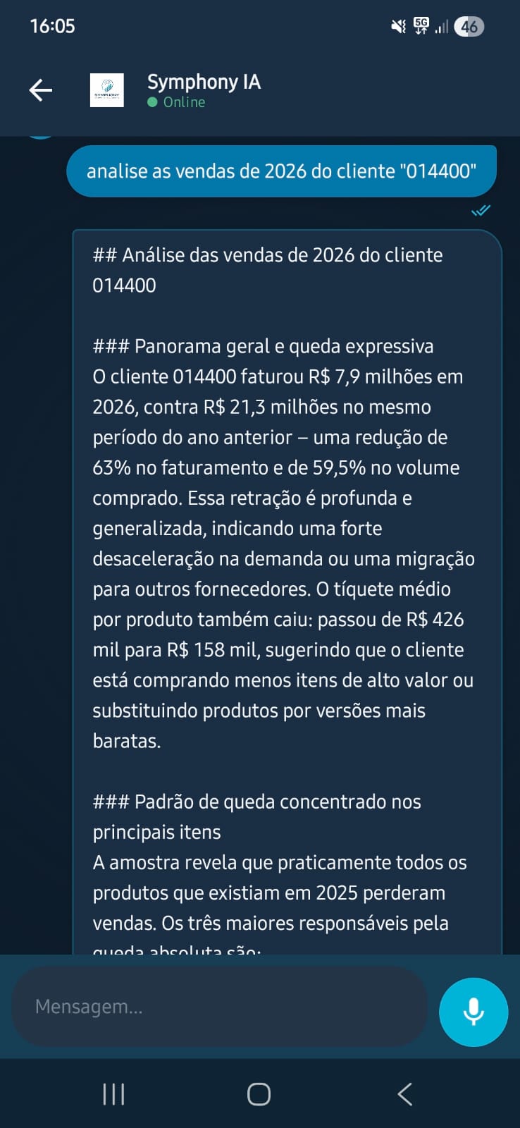 Tela do app Symphony mostrando o chat conversacional com análise completa do cliente em texto
